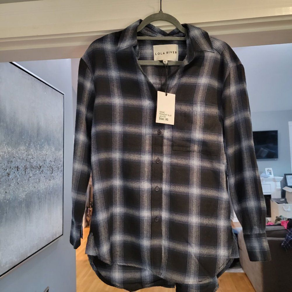 Lola River Women's Black & White Plaid Button Down Collard T-Shirt Size …